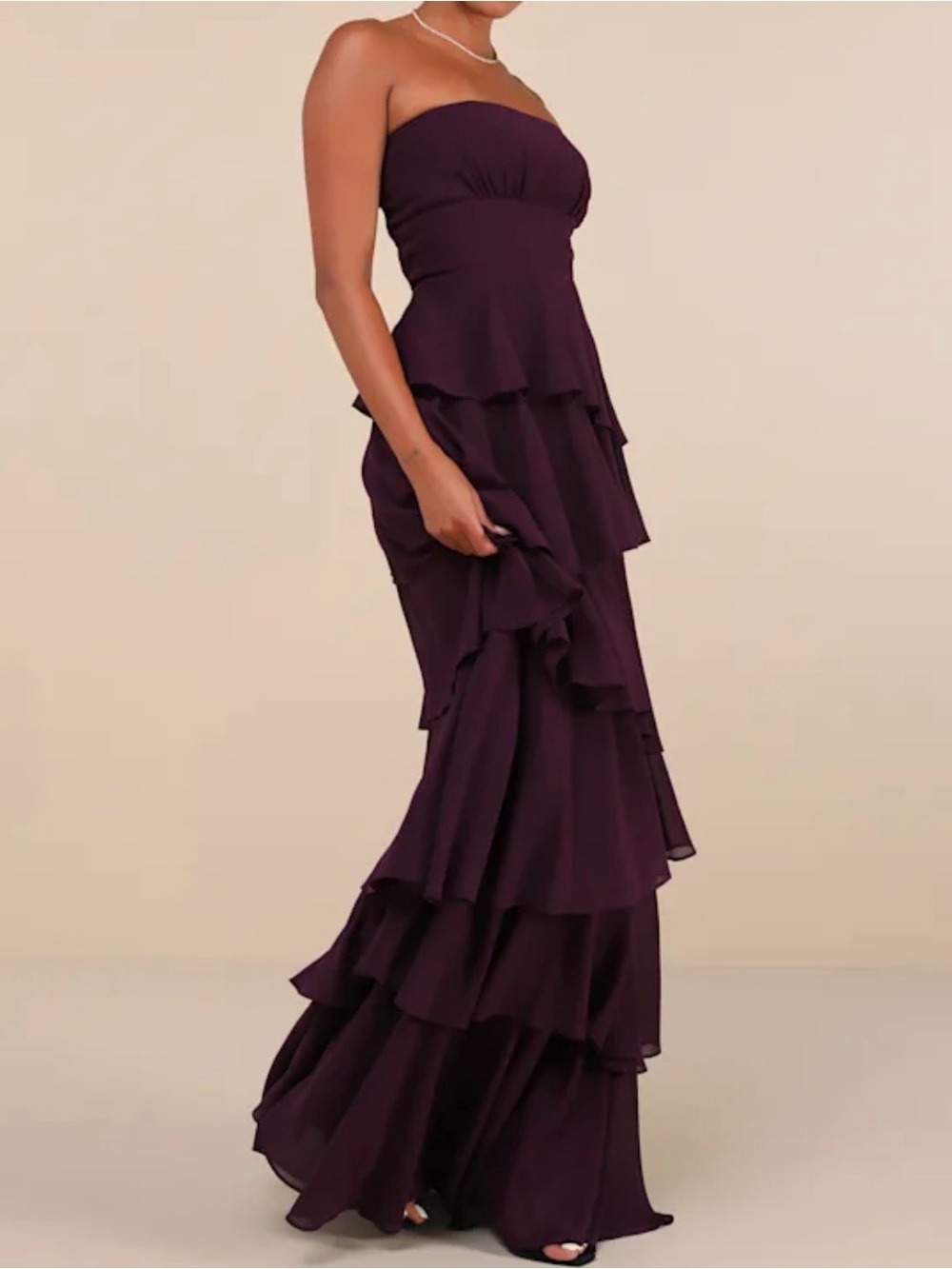 ⚜️ LULUS GORGEOUS ESSENCE DARK PURPLE STRAPLESS TIERED MAXI DRESS NWT L ⚜️